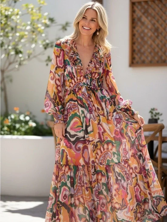 Anthropologie Multicolor Abstract Print Ruffle Maxi Dress 084 - Picture 1 of 8